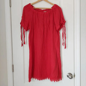 Lungo L'arno Off Shoulder Red 100 % Linen Italy Made Lace Trim Dress Size Medium